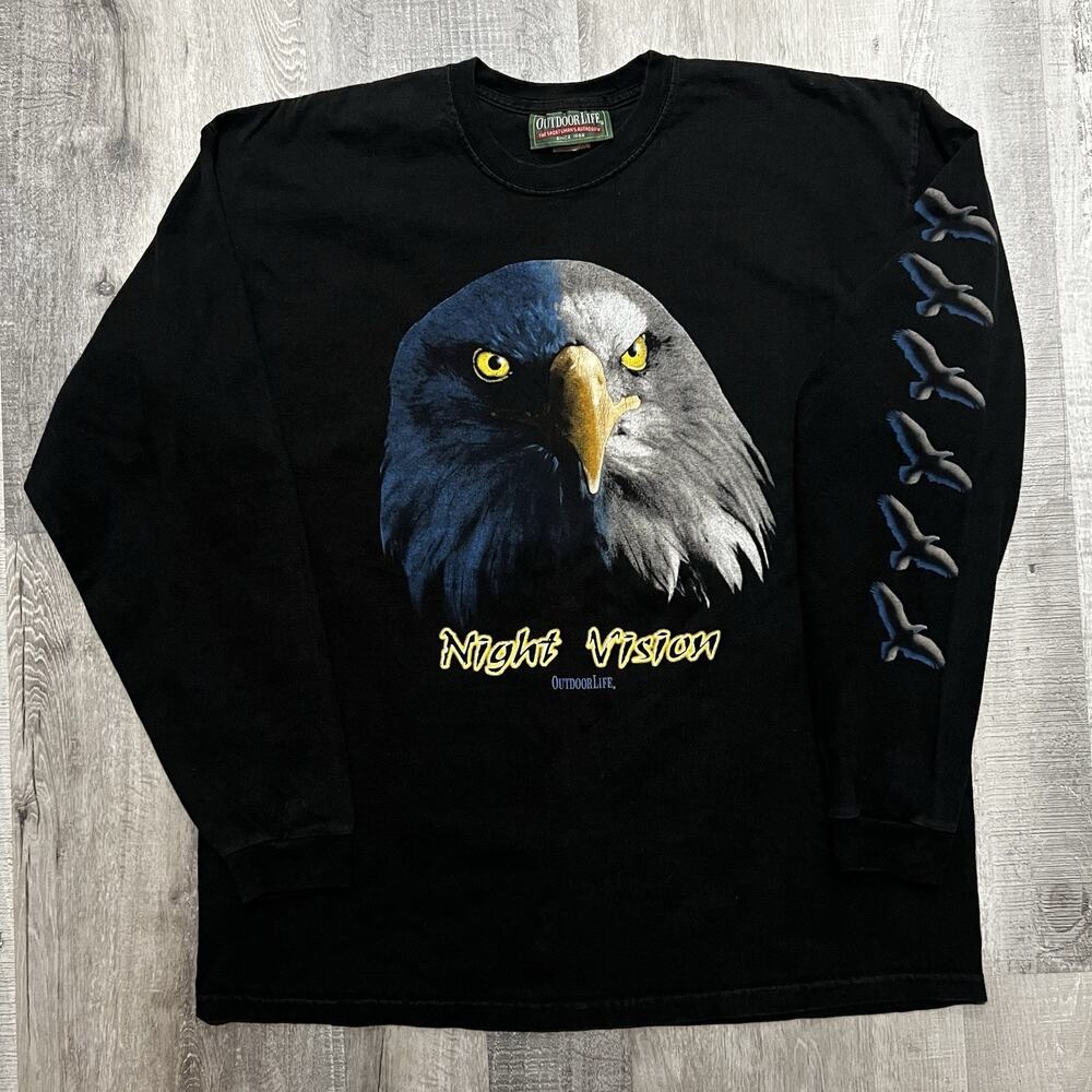 VTG Outdoor Life Night Vision Bald Eagle Black Long Sleeve Animal 90s T Shirt XL